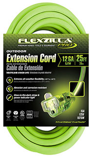 Flexzilla® Pro Extension Cord, 12/3 AWG SJTW, 25', Outdoor, Lighted Plug package