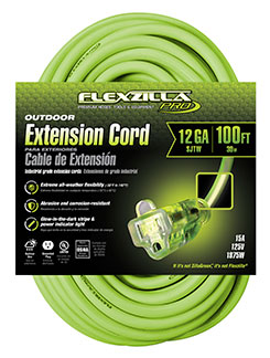 Flexzilla® Pro Extension Cord, 12/3 AWG SJTW, 100', Outdoor, Lighted Plug package