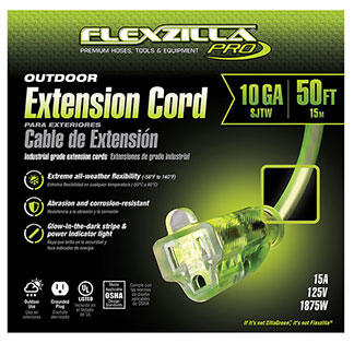 Flexzilla® Pro Extension Cord, 12/3 AWG SJTW, 50', Outdoor, Lighted Plug package